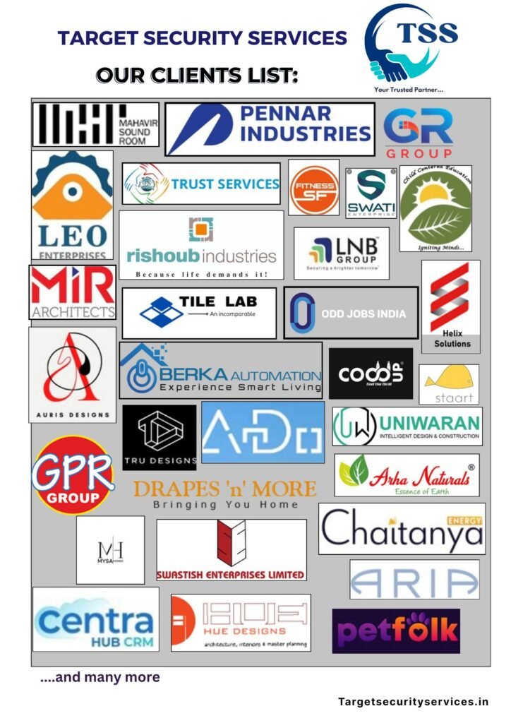 Client logos of companies served by TSS Target Security Services in Hyderabad